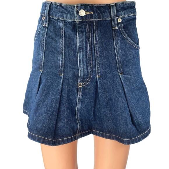 Zara Women's Blue Pleated High Waisted Mini A-Line Flared Denim Jeans Skirt XS - Picture 1 of 5
